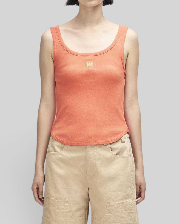 Baffle Haus June Shield tank top in flame orange, featuring a slim fit, thin straps, and chest embroidery.