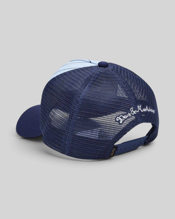 Baffle Haus Forecourt Trucker hat in sky blue and navy with mesh back, snap closure, and white embroidered logo