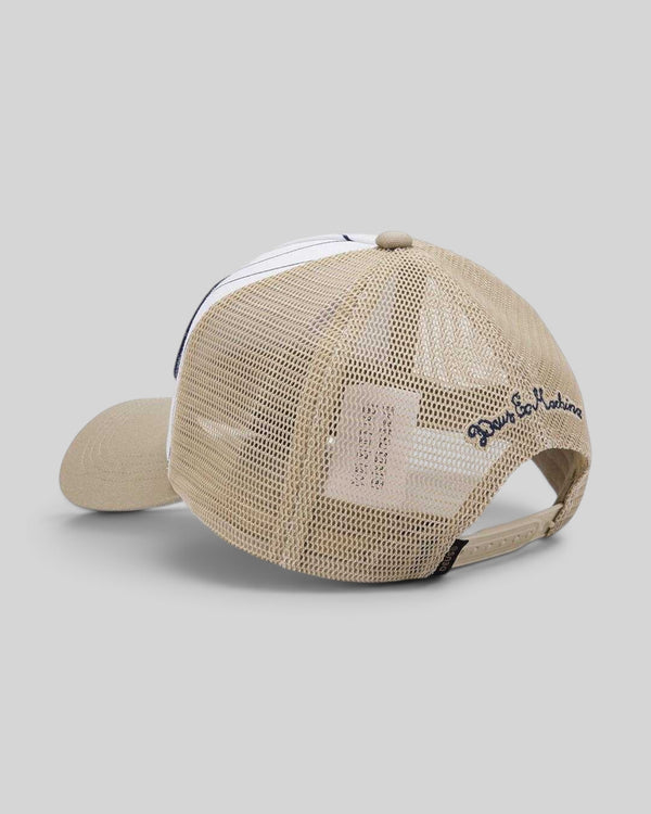 Baffle Haus Forecourt Trucker cap in safari beige with mesh back, pinstripe detail, and snapback closure.