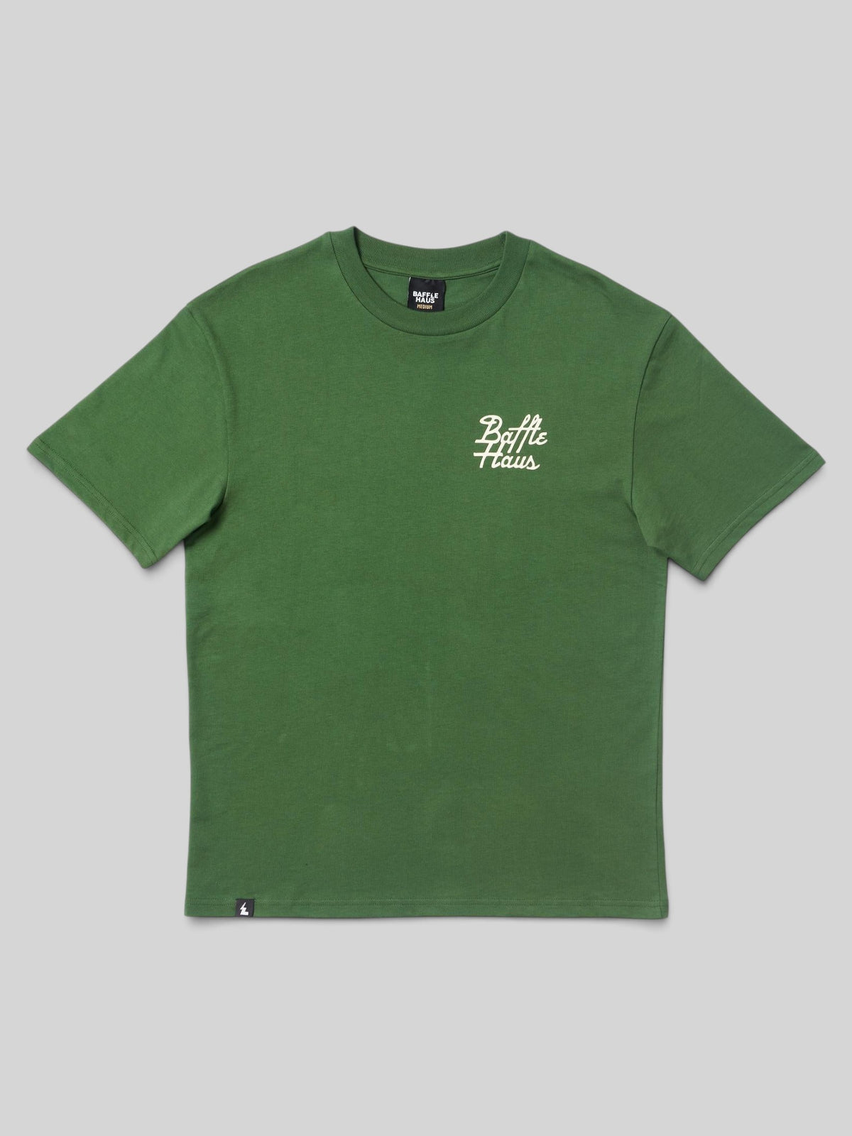 Baffle Haus forest green cotton t-shirt with white cursive logo embroidery on the chest