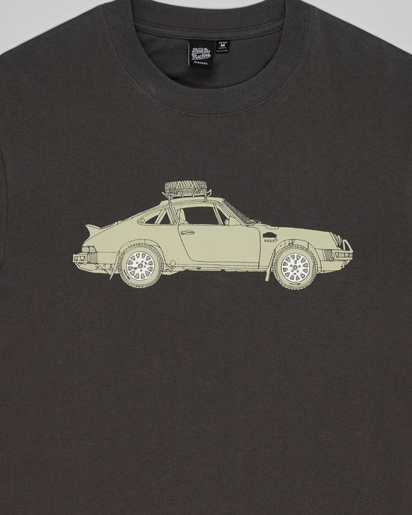 Baffle Haus forest green organic cotton t-shirt featuring a vintage car graphic print on the chest
