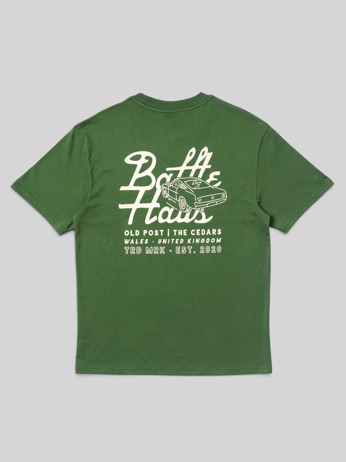 Baffle Haus forest green cotton t-shirt featuring a white mustang car graphic on the back