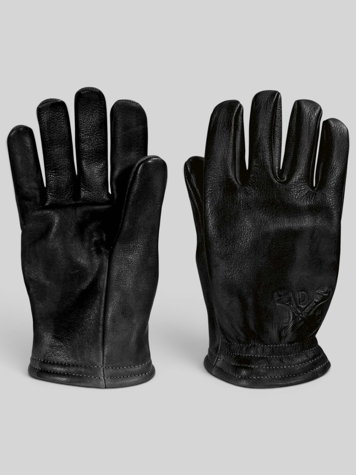 Baffle Haus Freewheeler XTM black cowhide leather motorcycle gloves with pre-curved fingers and embossed logo