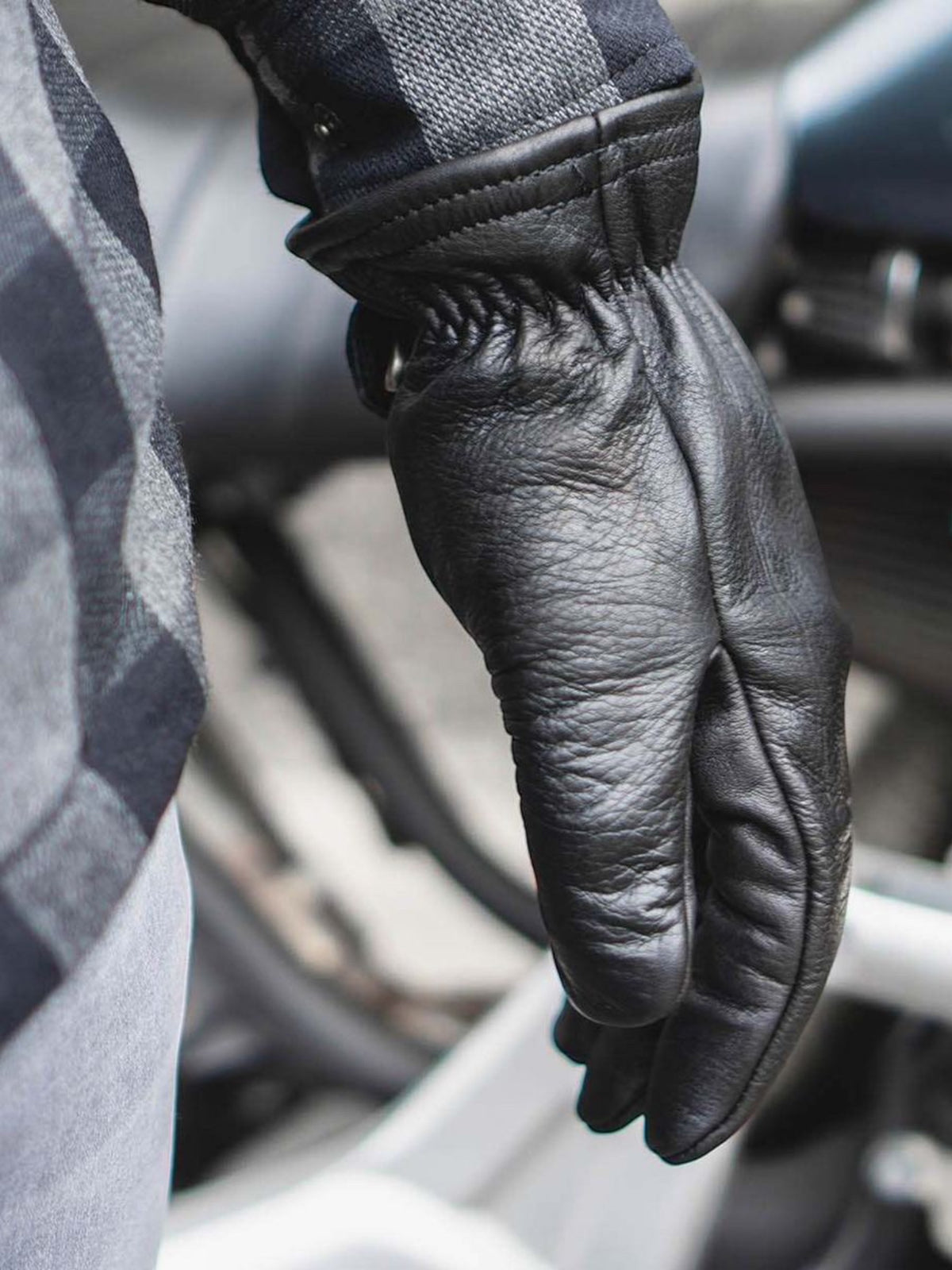 Baffle Haus Freewheeler XTM black cowhide leather motorcycle gloves with pre-curved fingers and elastic wrist