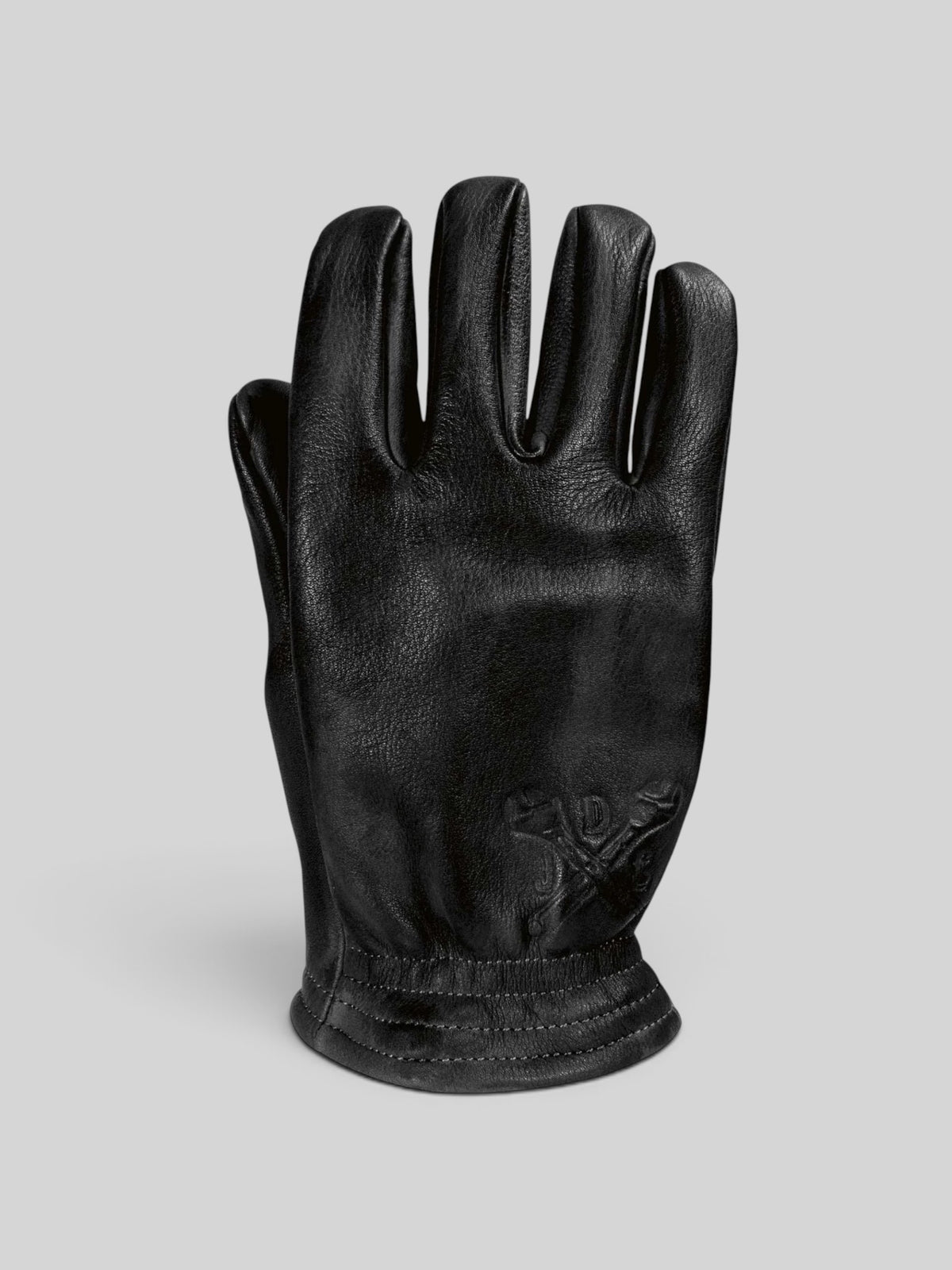 Baffle Haus Freewheeler XTM black cowhide leather motorcycle gloves with pre-curved fingers and embossed logo