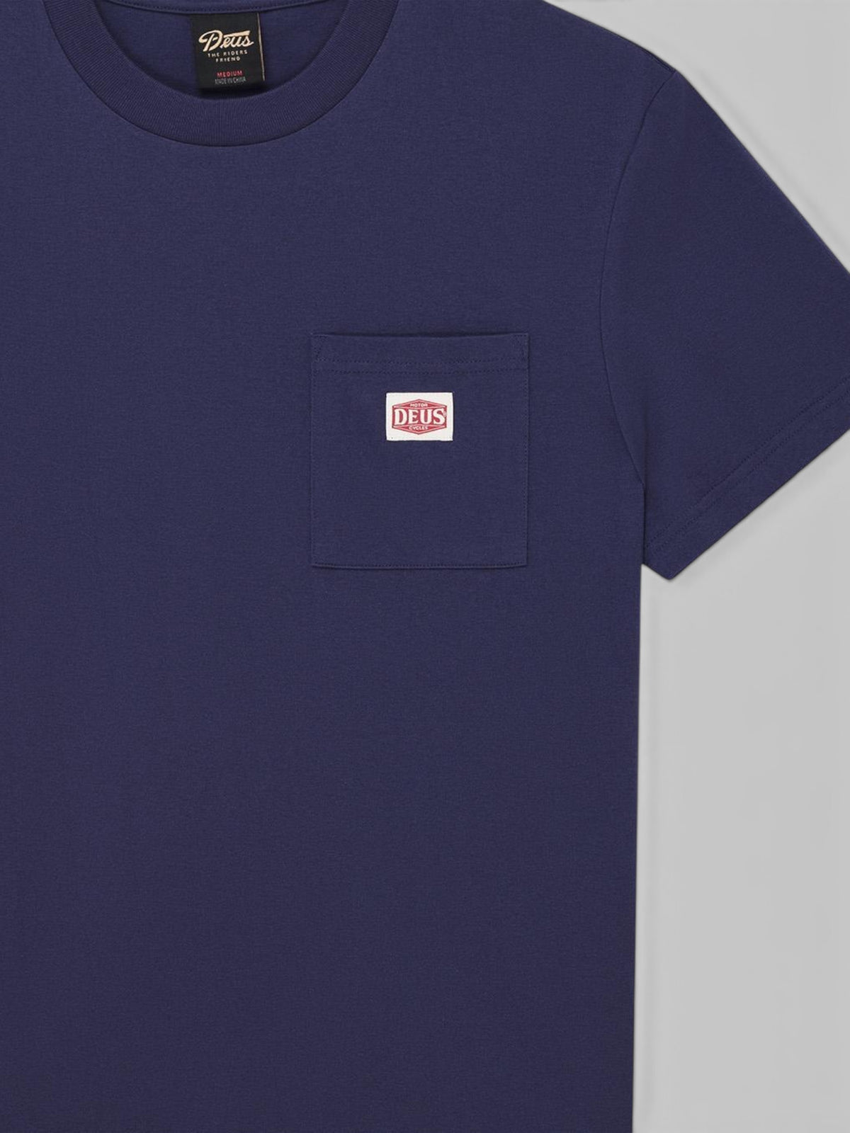Baffle Haus French Blue box fit short sleeve t-shirt with a chest pocket and branded label