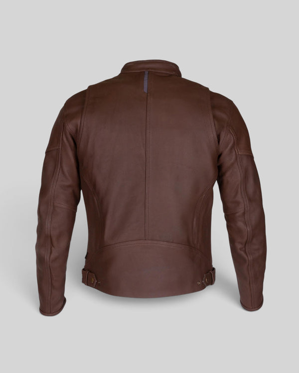 Back view of Baffle Haus Gable II brown waterproof leather motorcycle jacket with reinforced seams