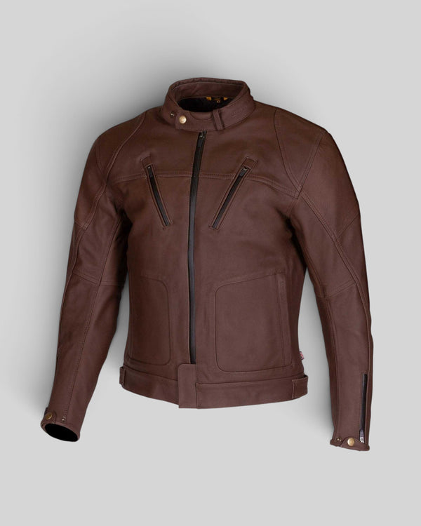Baffle Haus Gable II waterproof brown cow leather motorcycle jacket with YKK zippers and protective safety seams