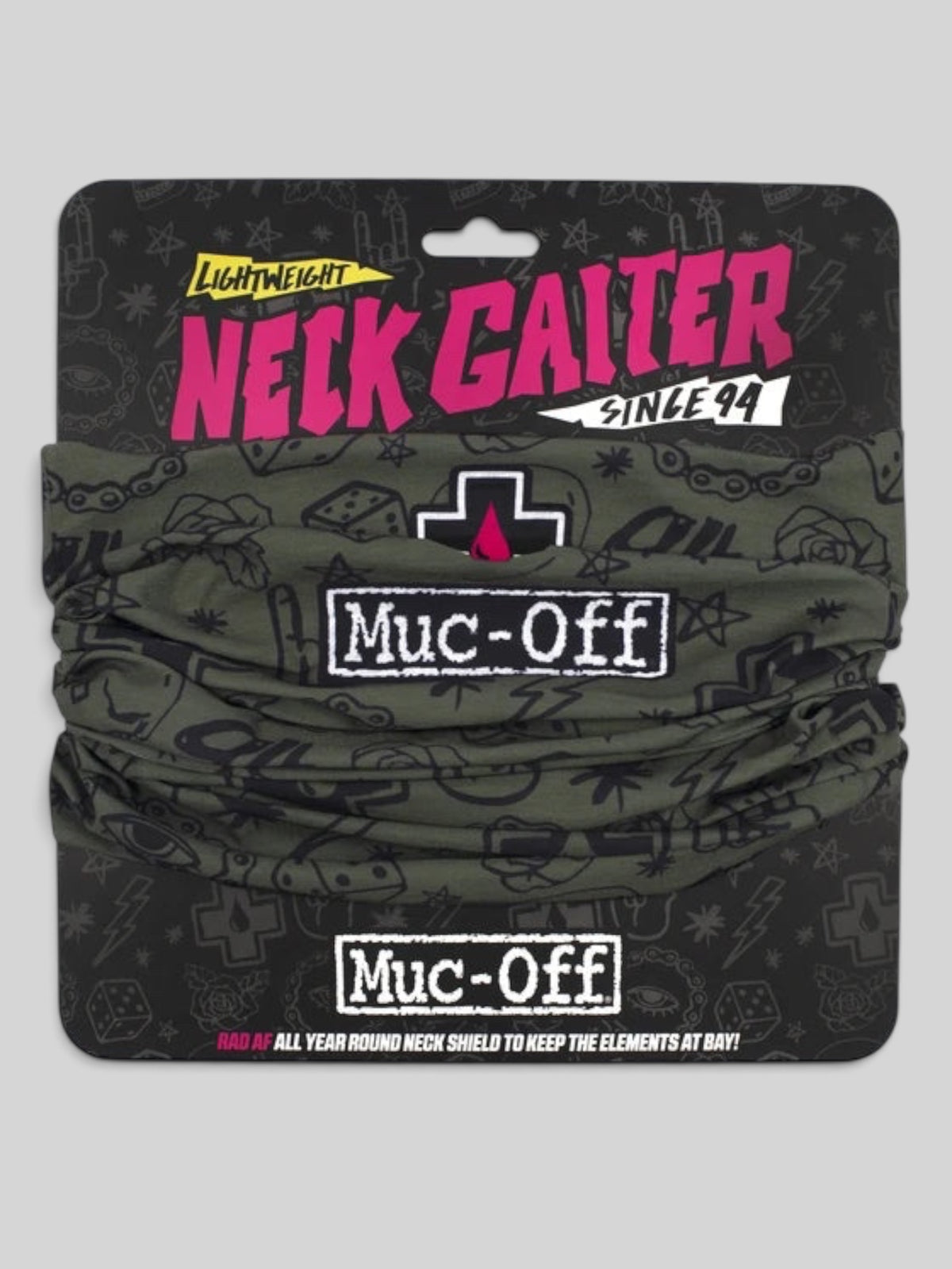 Baffle Haus green Muc-Off lightweight neck gaiter with punk-inspired graphic print and seamless polyester fabric