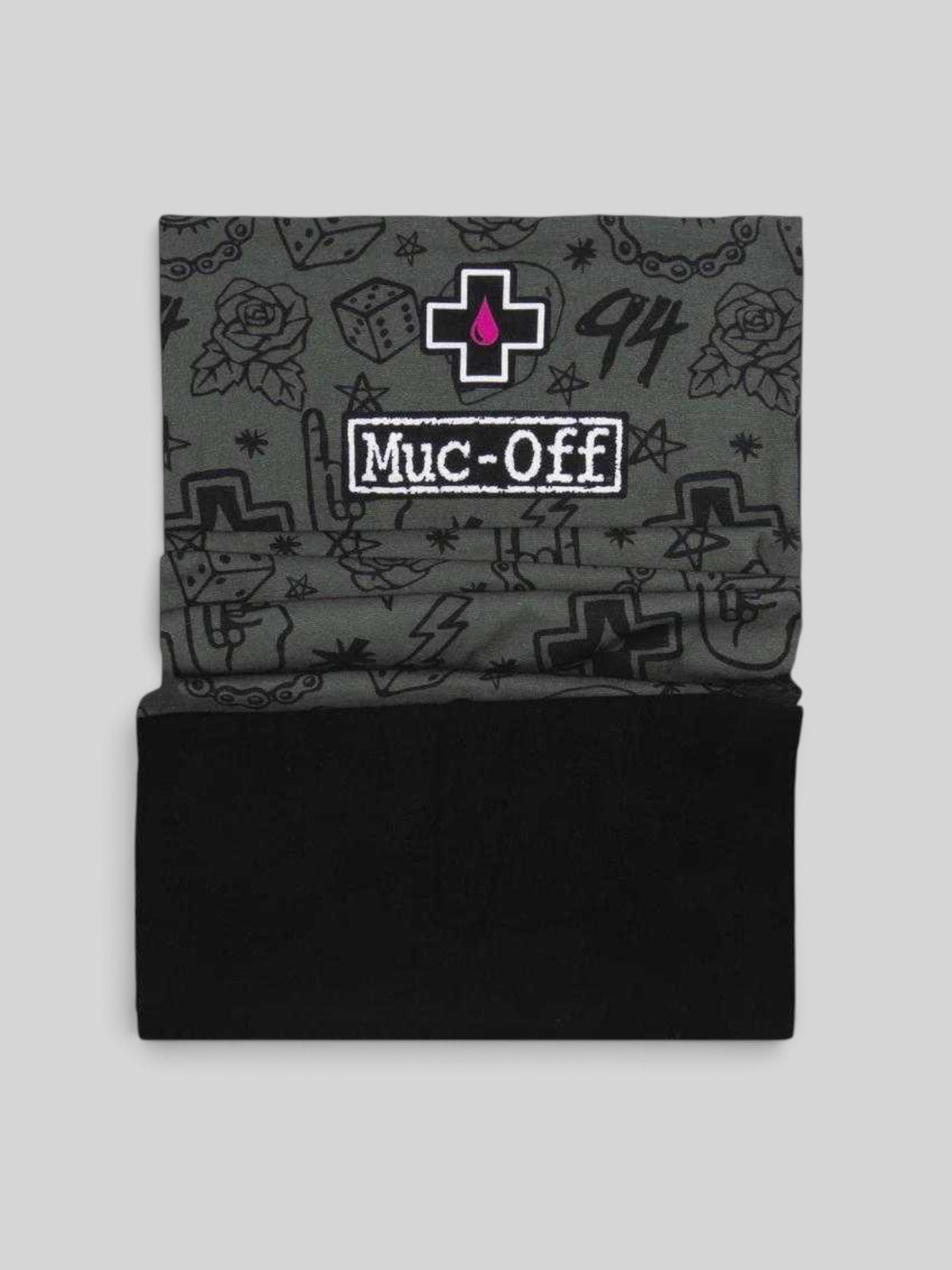 Baffle Haus green punk winter neck tube with Muc-Off branding, fleece lining, and seamless construction.