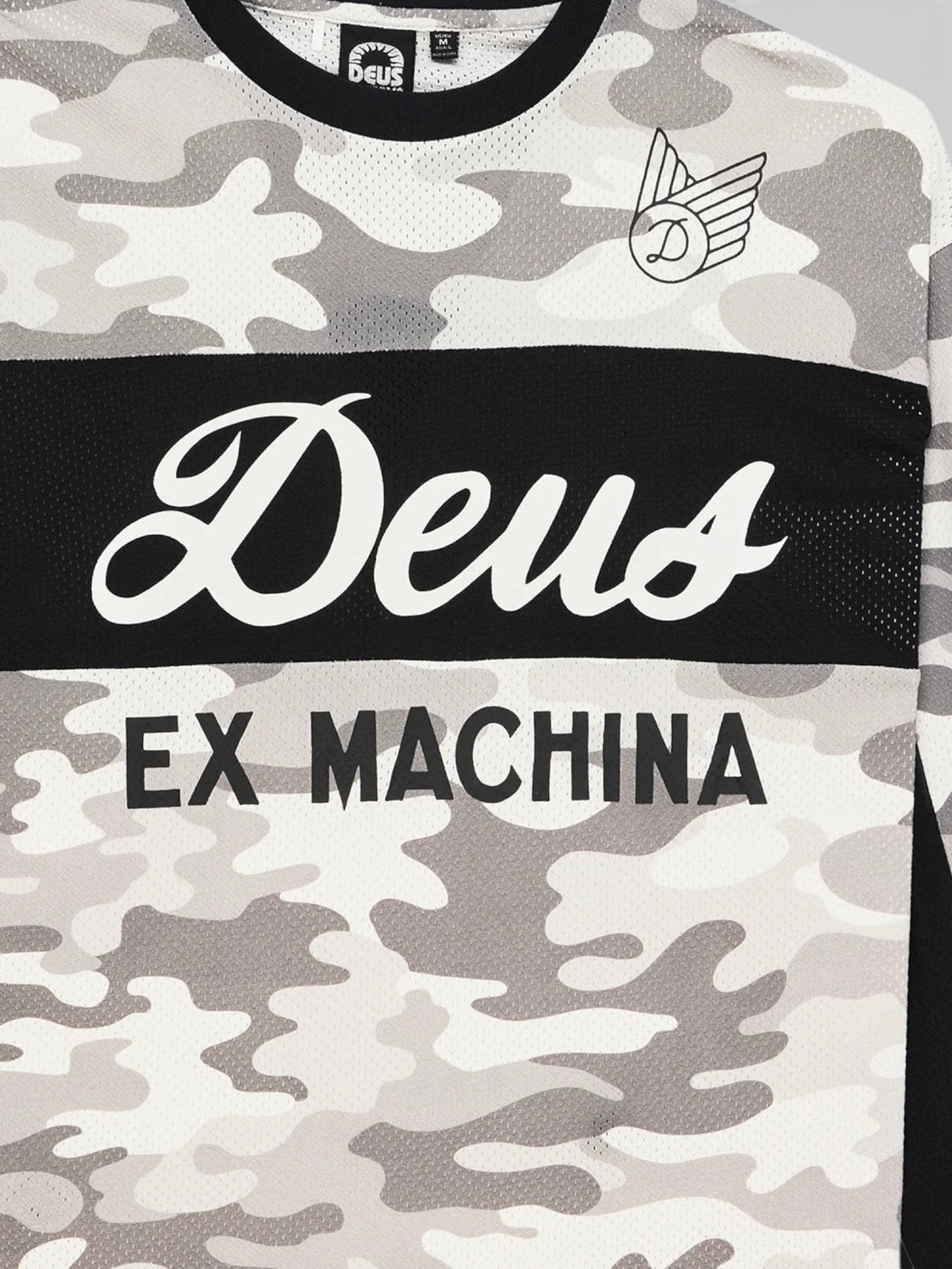 Baffle Haus grey camo ombre moto jersey featuring a black chest stripe with white Deus Ex Machina graphic branding