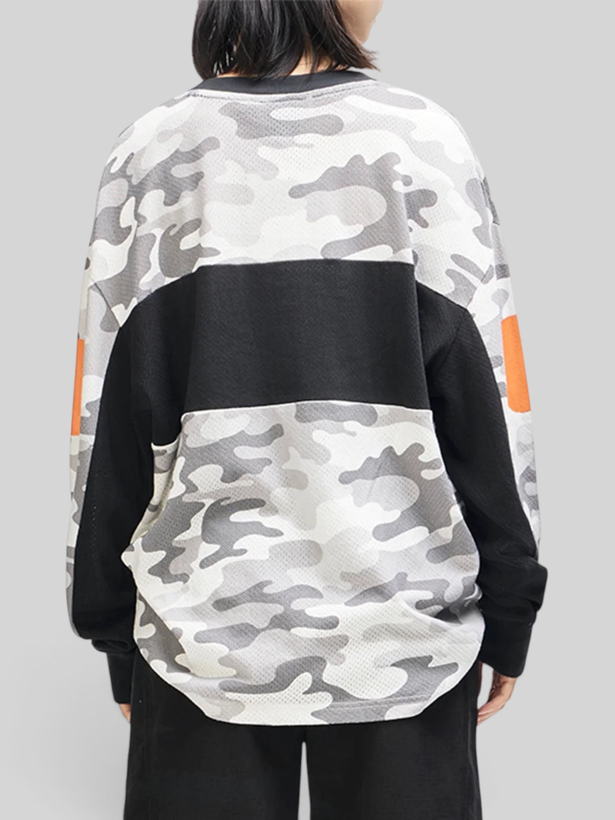 Baffle Haus grey camo ombre moto jersey with loose fit, mesh fabric, and graphic chest prints, back view.