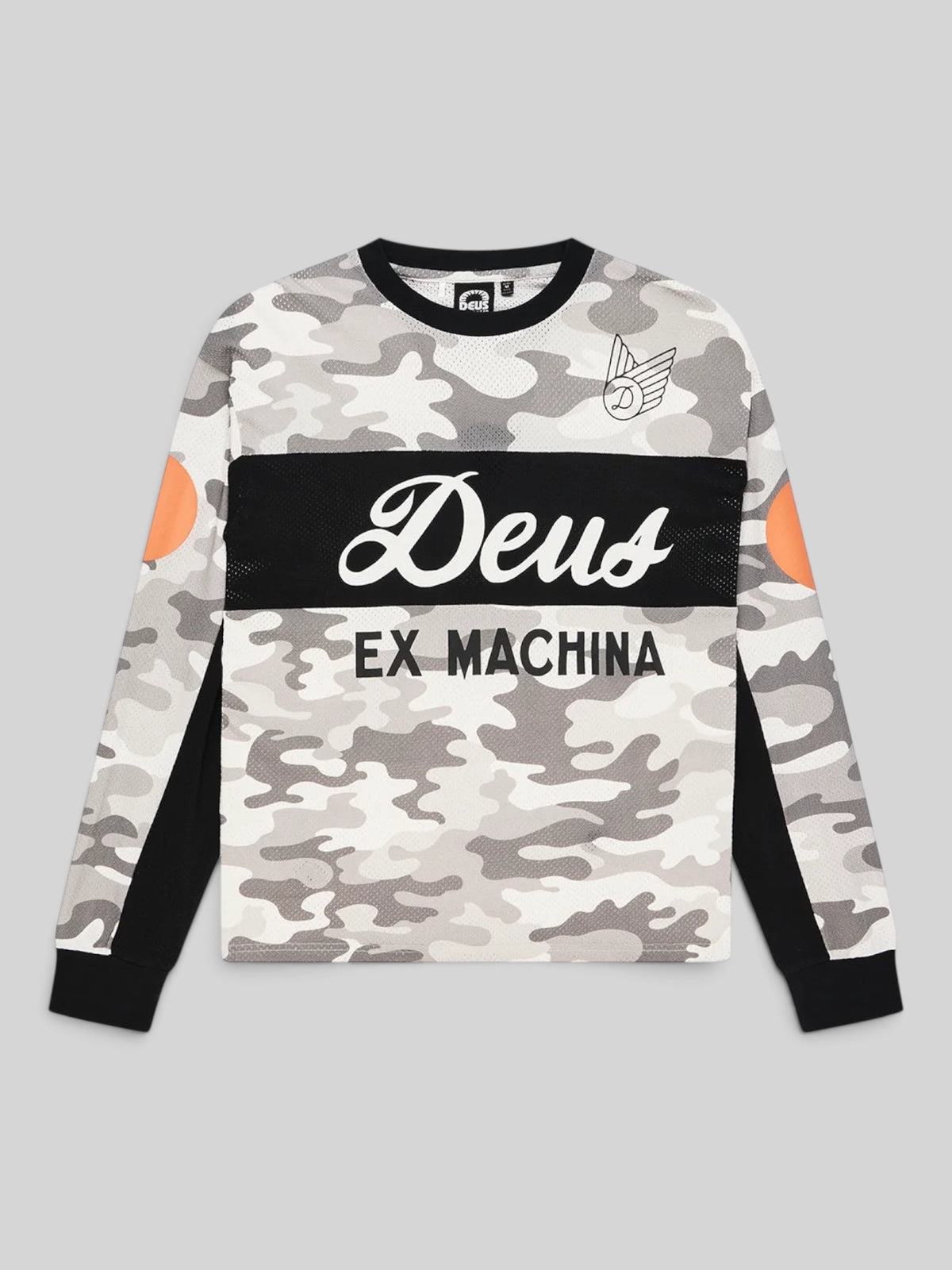 Baffle Haus grey camo ombre moto jersey with graphic chest prints, loose fit, and recycled polyester mesh fabric.