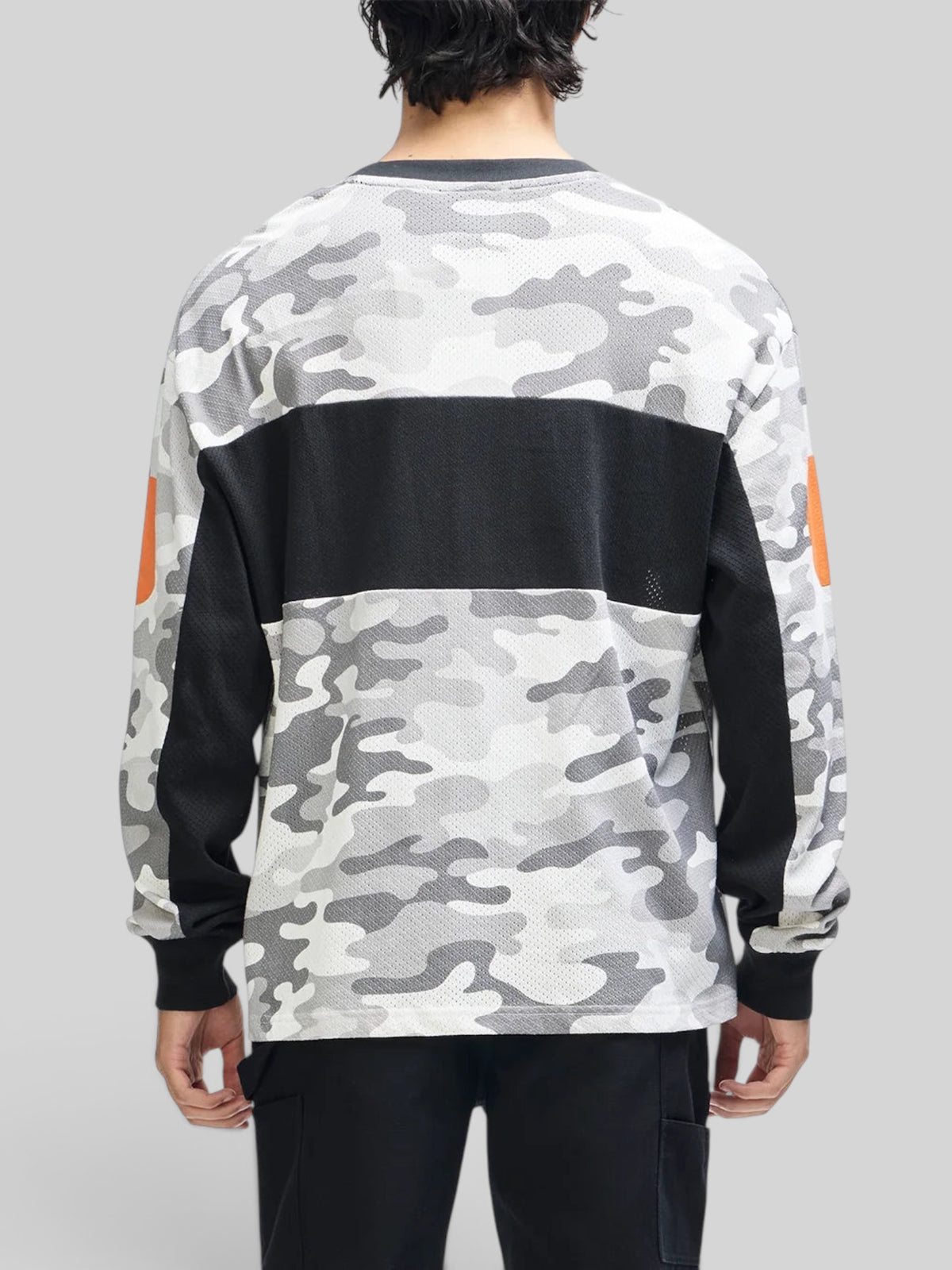 Back view of Baffle Haus grey camo ombre moto jersey in recycled polyester mesh with black panels and loose fit.
