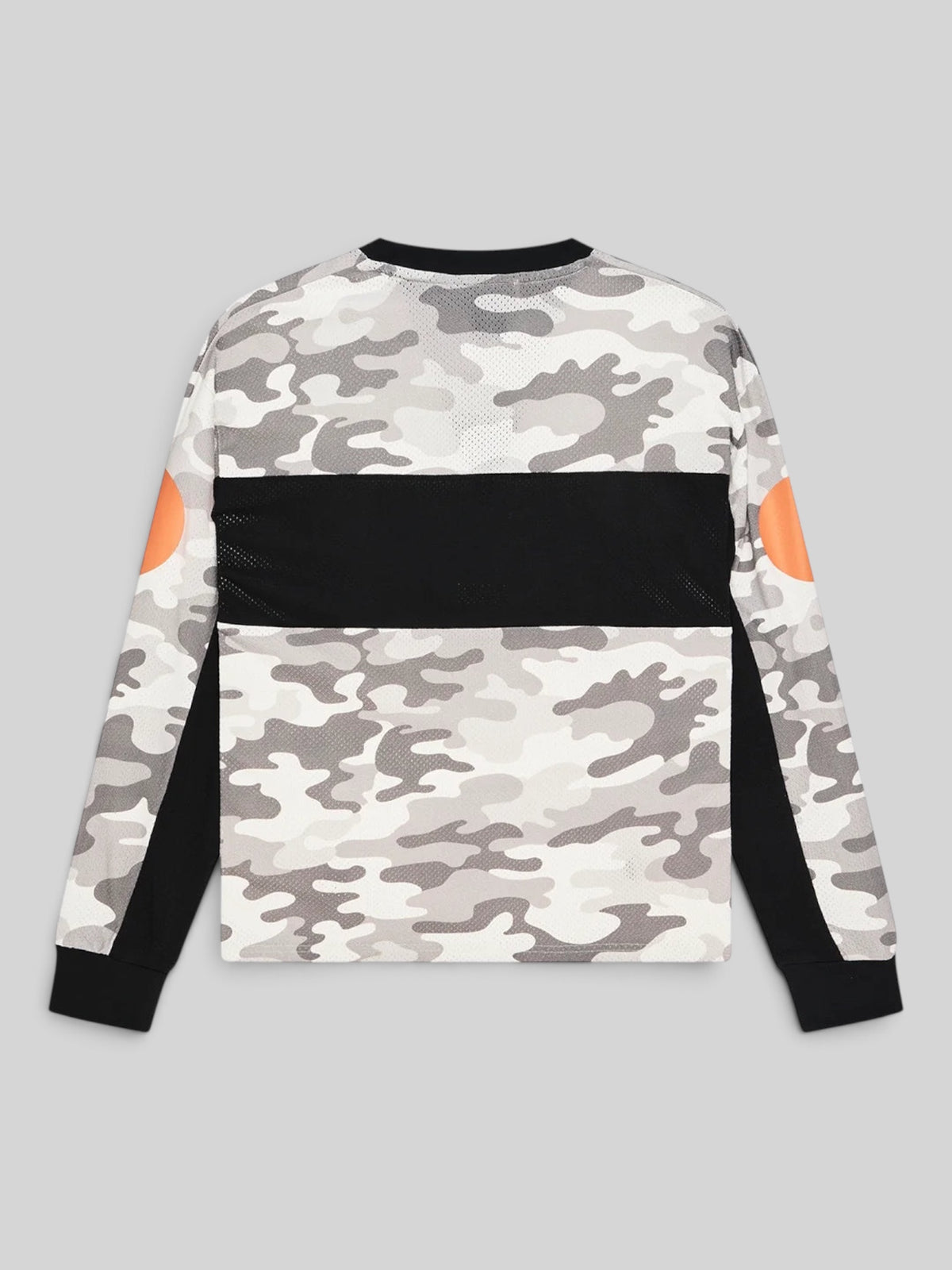 Baffle Haus grey camo ombre moto jersey in recycled polyester mesh with black panels and orange sleeve accents.