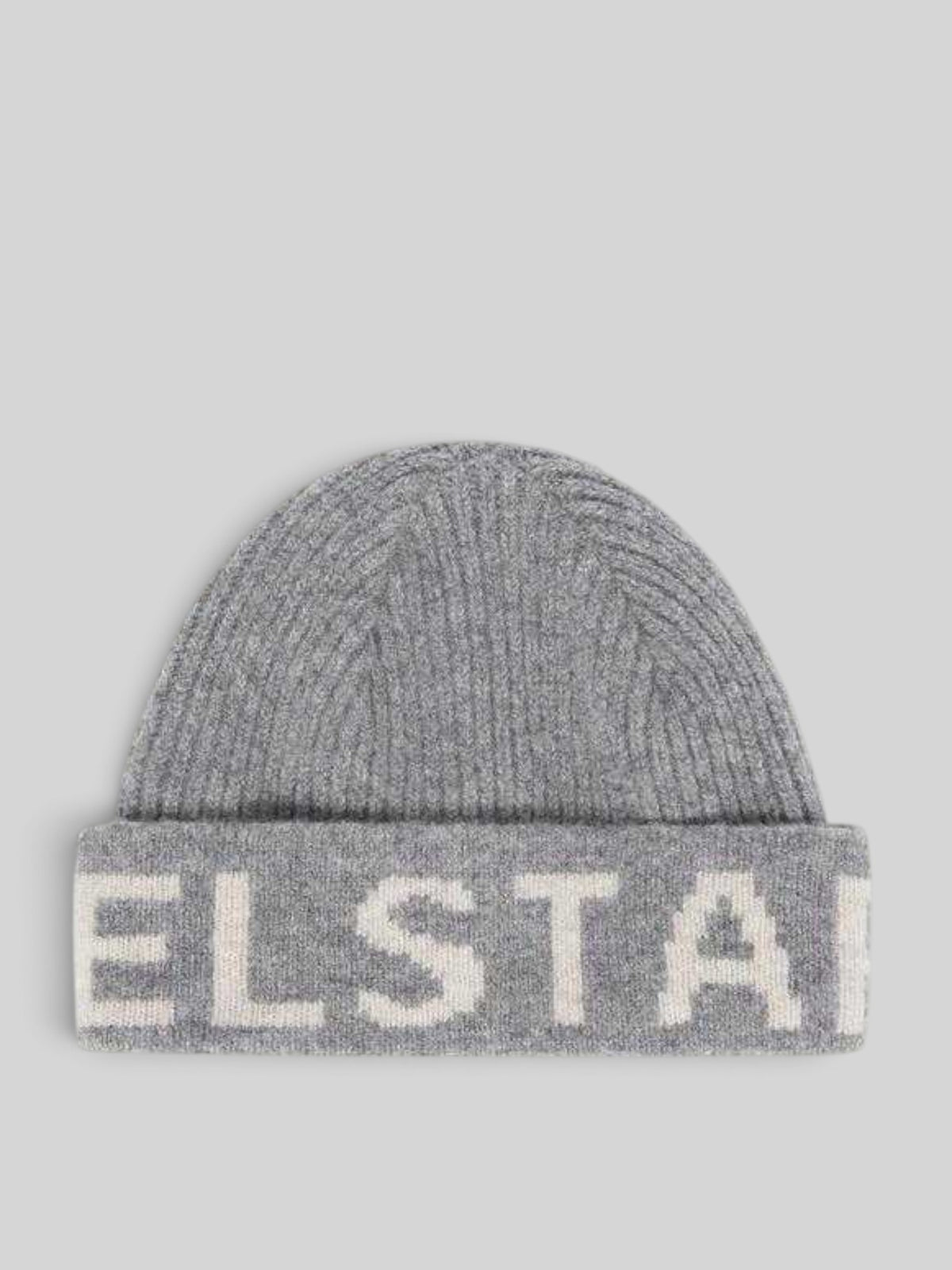 Baffle Haus grey lambswool beanie with ribbed texture and silver birch intarsia logo, made in the UK.