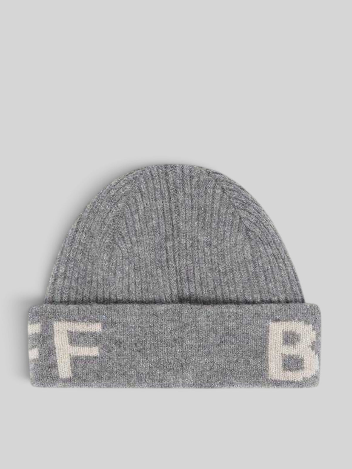 Baffle Haus grey melange lambswool beanie with ribbed texture and silver birch intarsia logo detail