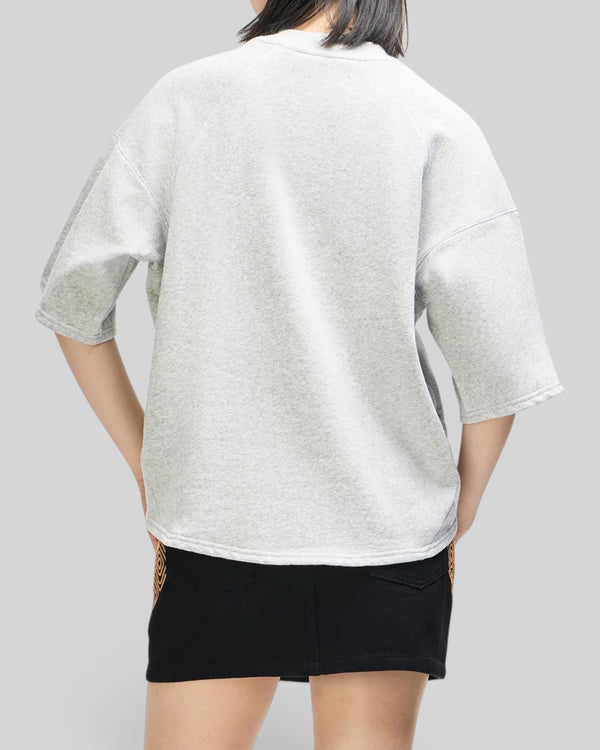 Baffle Haus La Eight Crew in grey marle organic cotton brushed fleece with relaxed fit and 3/4 sleeves, back view.