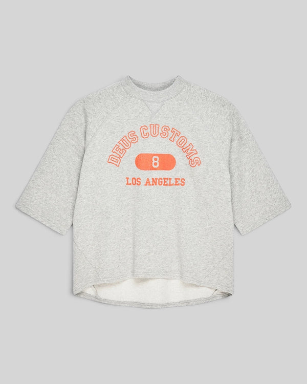 Baffle Haus La Eight Crew grey marle organic cotton sweatshirt with 3/4 sleeves and orange vintage crackle print