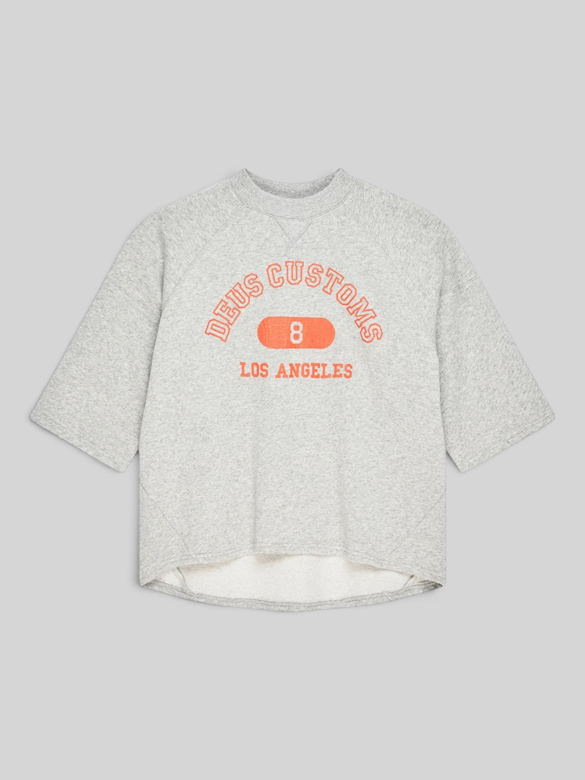 Baffle Haus La Eight Crew grey marle organic cotton sweatshirt with 3/4 sleeves and orange vintage crackle print