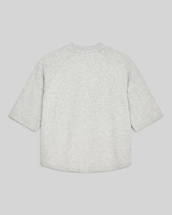 Baffle Haus La Eight Crew grey marle organic cotton brushed fleece sweatshirt with 3/4 sleeves, back view