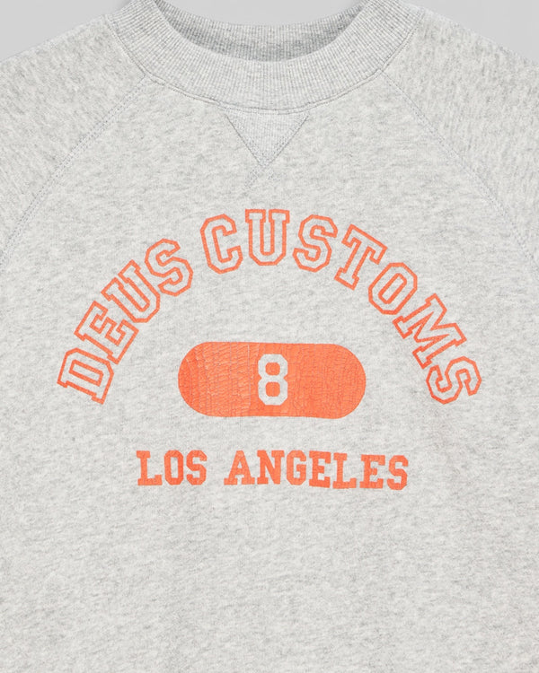 Baffle Haus La Eight Crew sweatshirt in grey marle organic cotton with orange crackle print graphic detail