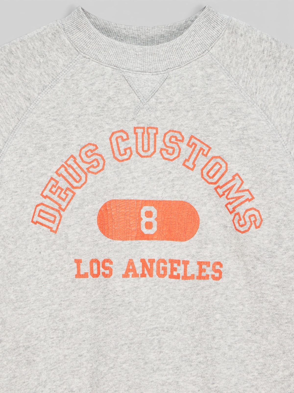 Baffle Haus La Eight Crew sweatshirt in grey marle organic cotton with orange crackle print graphic detail