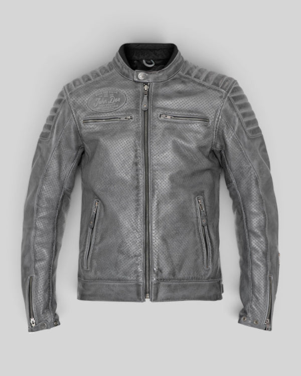 Baffle Haus grey perforated leather motorcycle jacket with padded shoulders, zippered pockets, and a button collar.