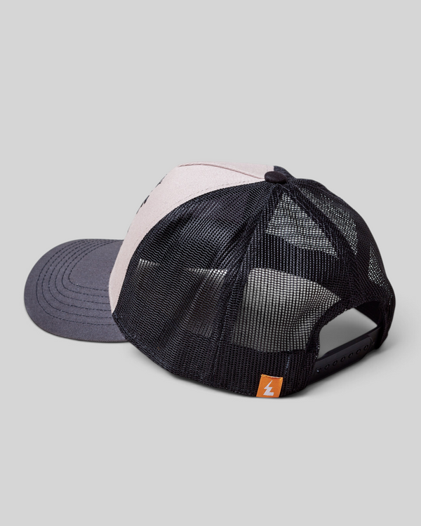 Baffle Haus Coffee & Motors trucker cap in grey with black mesh back and adjustable snapback closure.