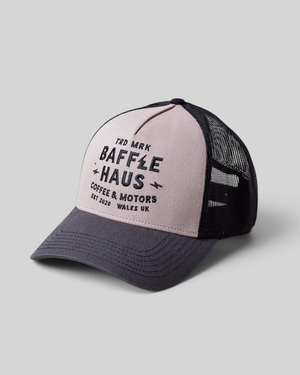 Baffle Haus Coffee & Motors grey and black trucker cap with structured front panel and breathable mesh back