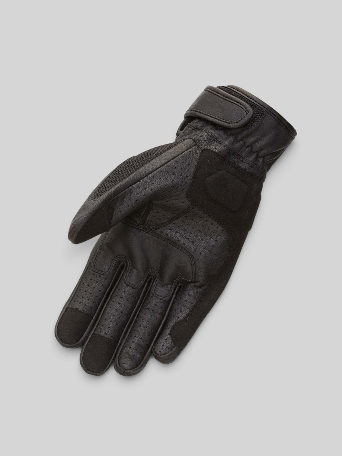 Baffle Haus Griffin Urban D3O motorcycle glove in black perforated goat leather with mesh and velcro cuff closure