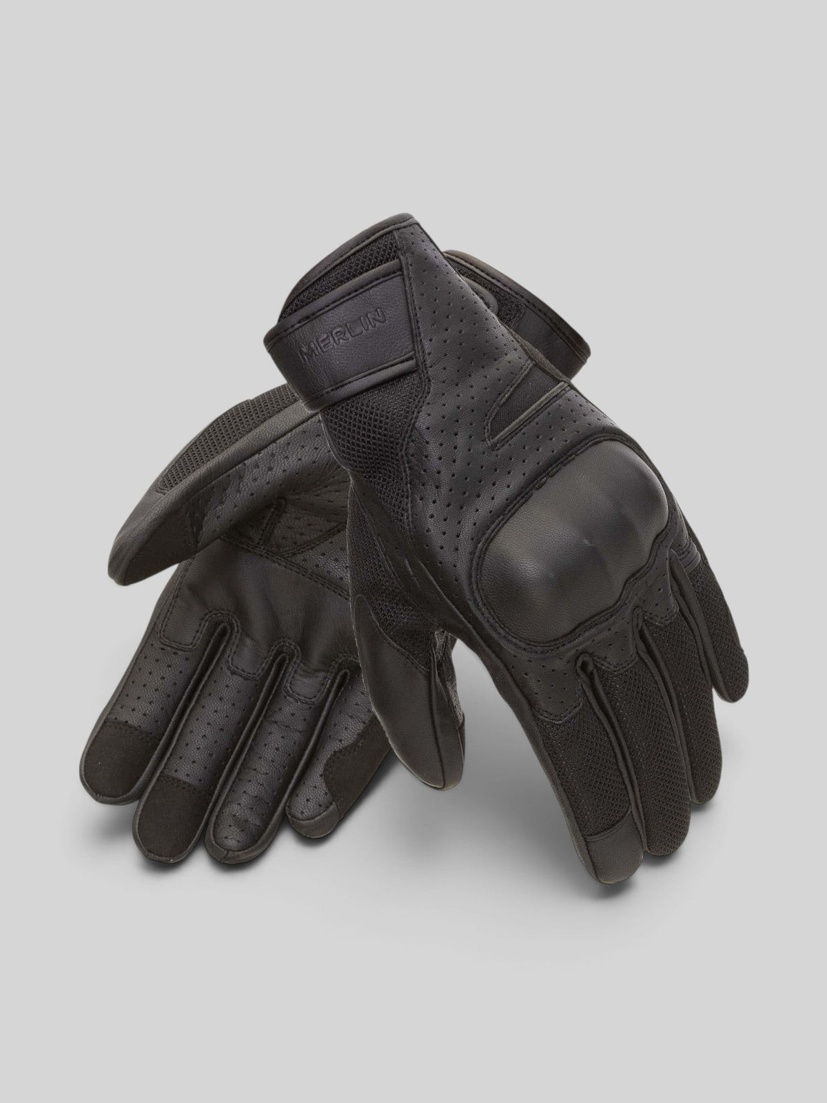 Baffle Haus Merlin Griffin black perforated leather motorcycle gloves with D3O knuckle protection and mesh panels