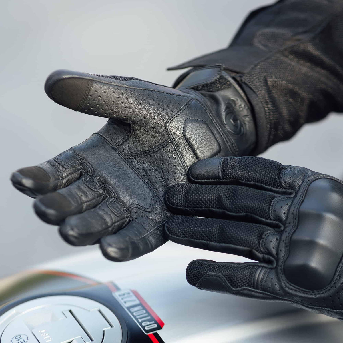 Baffle Haus Griffin urban motorcycle gloves in black perforated leather and mesh with D3O knuckle protection