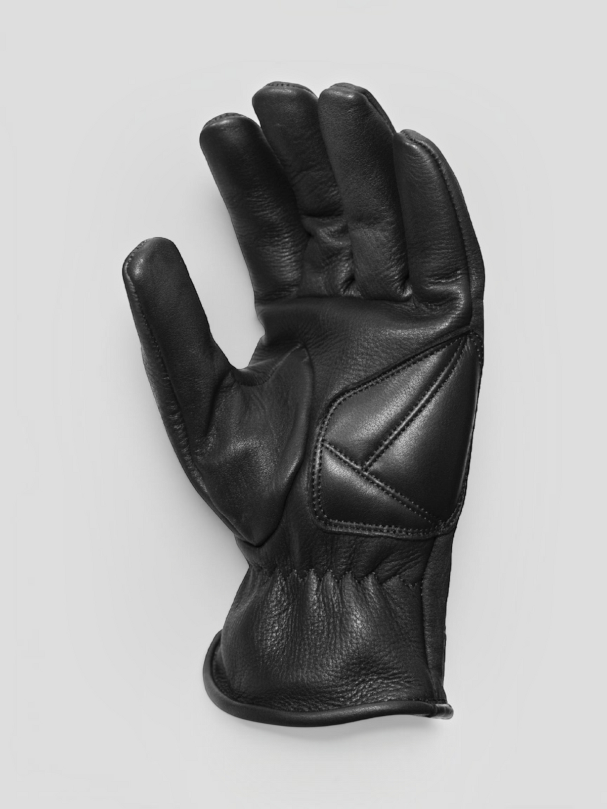 Baffle Haus Grinder black cowhide leather motorcycle gloves with reinforced padded palm and pre-curved fingers