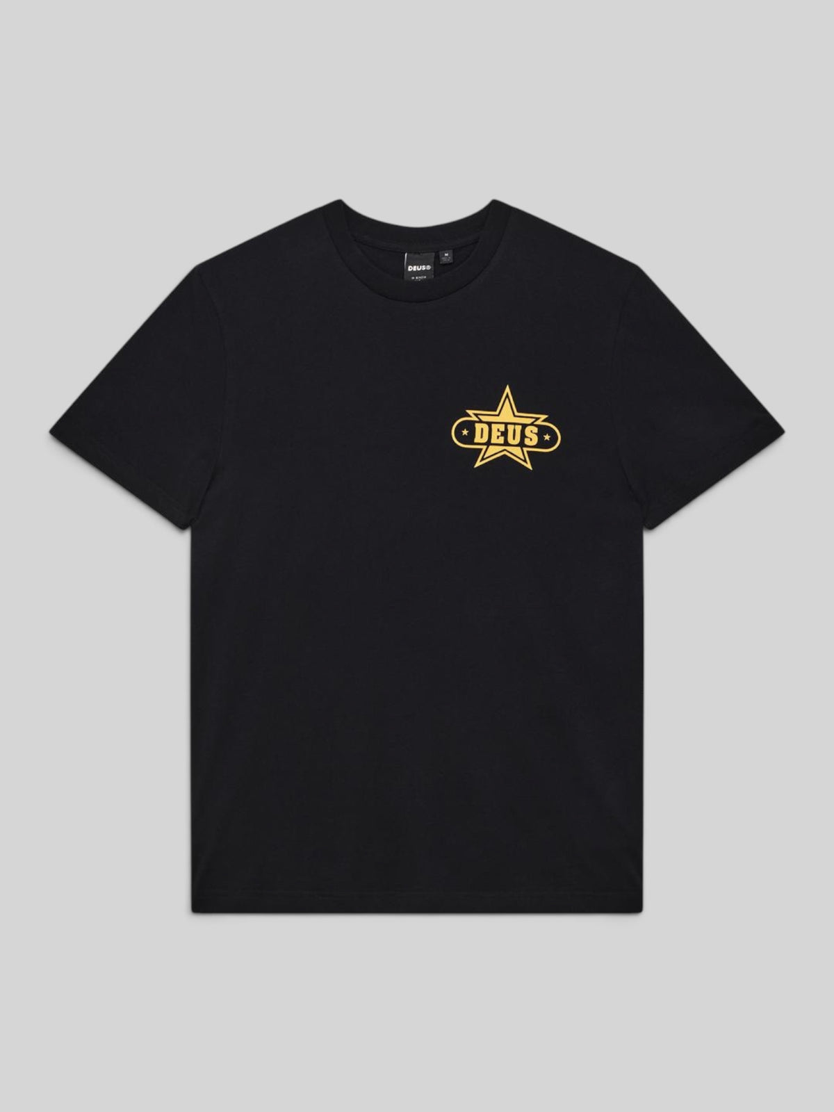 Baffle Haus Gumshoe Tee in black organic cotton with a yellow star logo graphic on the chest
