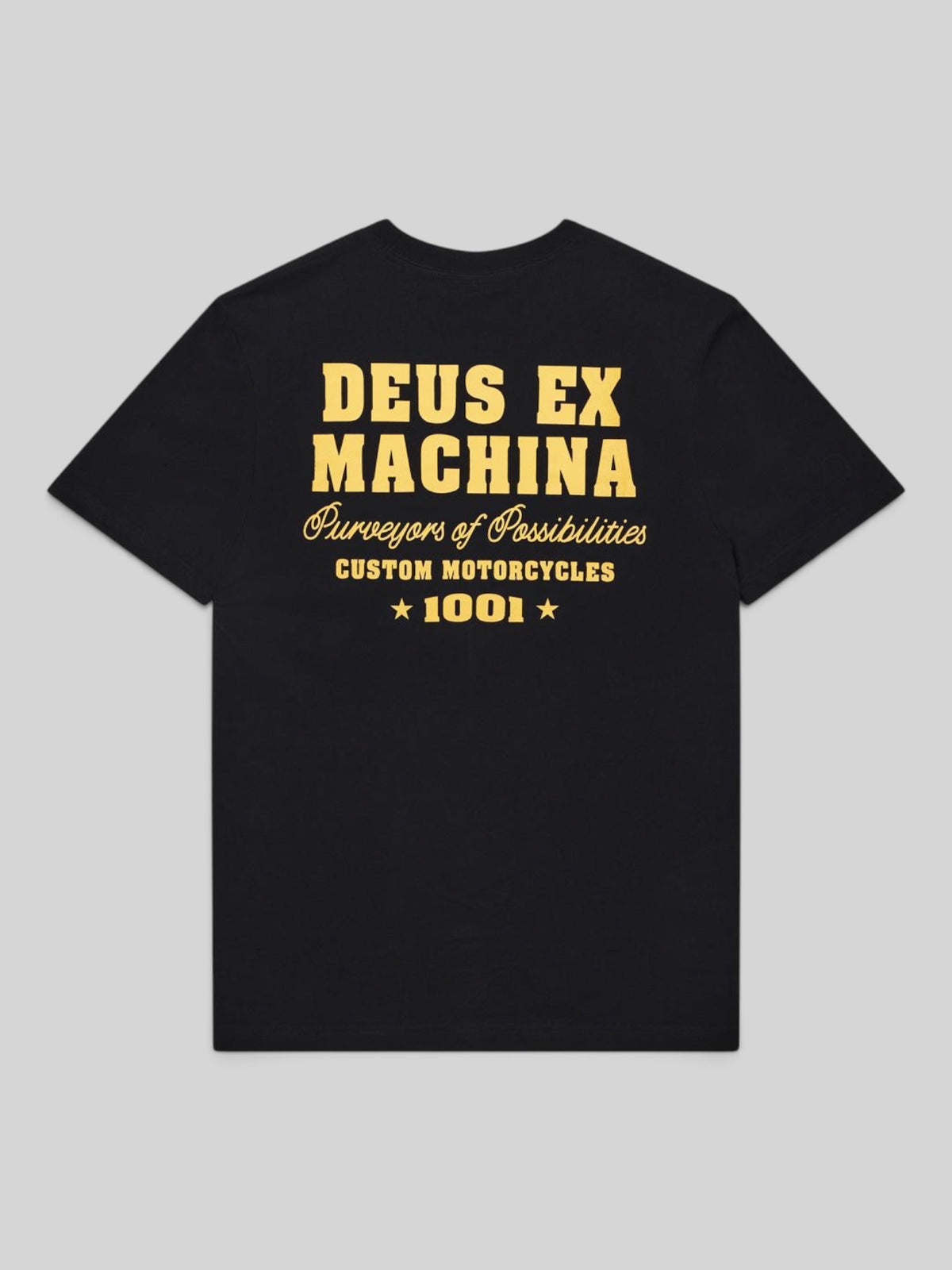 Baffle Haus Gumshoe Tee in black organic cotton with yellow vintage-style graphic print on the back