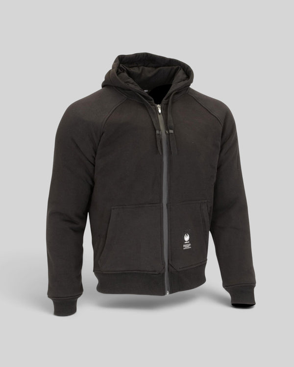 Baffle Haus Hamlin Hydro waterproof black motorcycle hoodie with front zip, hood, and protective Kevlar lining.