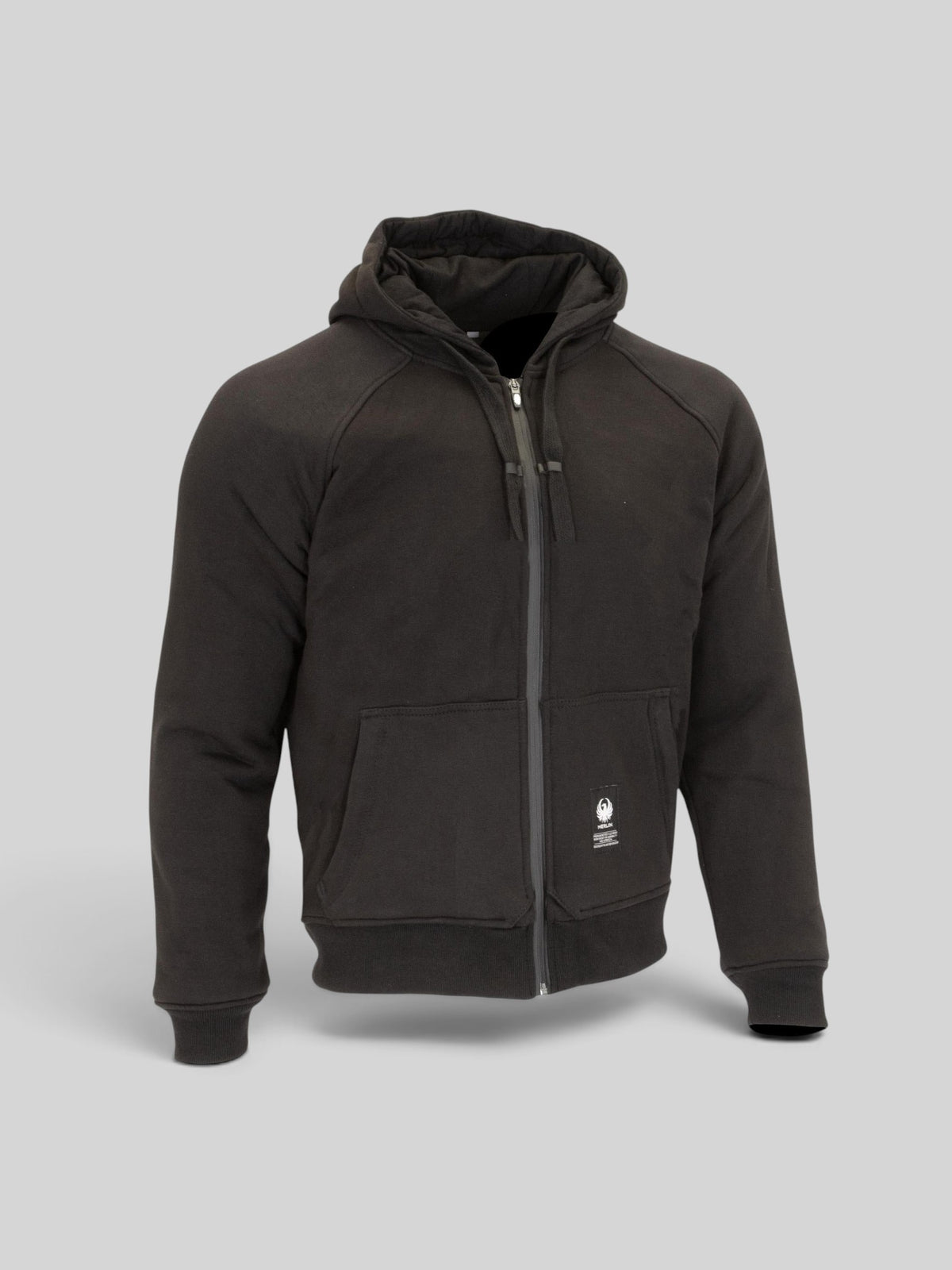 Baffle Haus Hamlin Hydro waterproof black motorcycle hoodie with front zip, hood, and protective Kevlar lining.