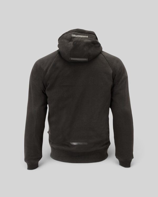 Back view of the black Baffle Haus Hamlin Hydro waterproof motorcycle hoodie with reflective detailing on the hood.