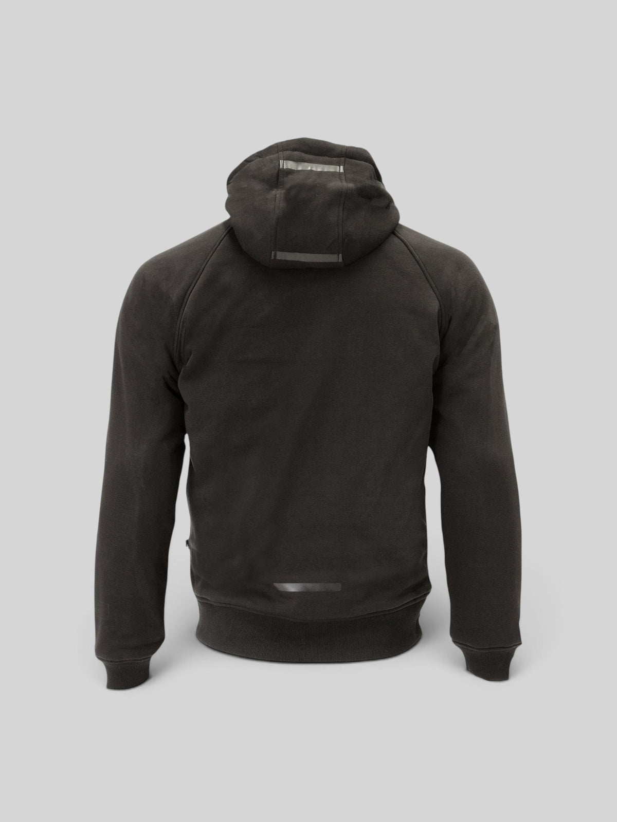 Back view of the black Baffle Haus Hamlin Hydro waterproof motorcycle hoodie with reflective detailing on the hood.