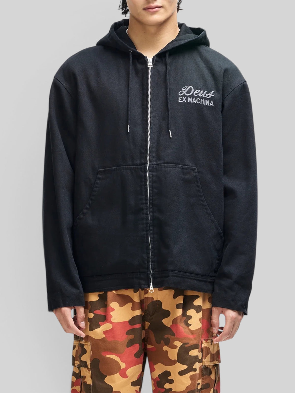 Baffle Haus Harajuku black cotton canvas hooded work jacket with zip front and embroidered chest logo