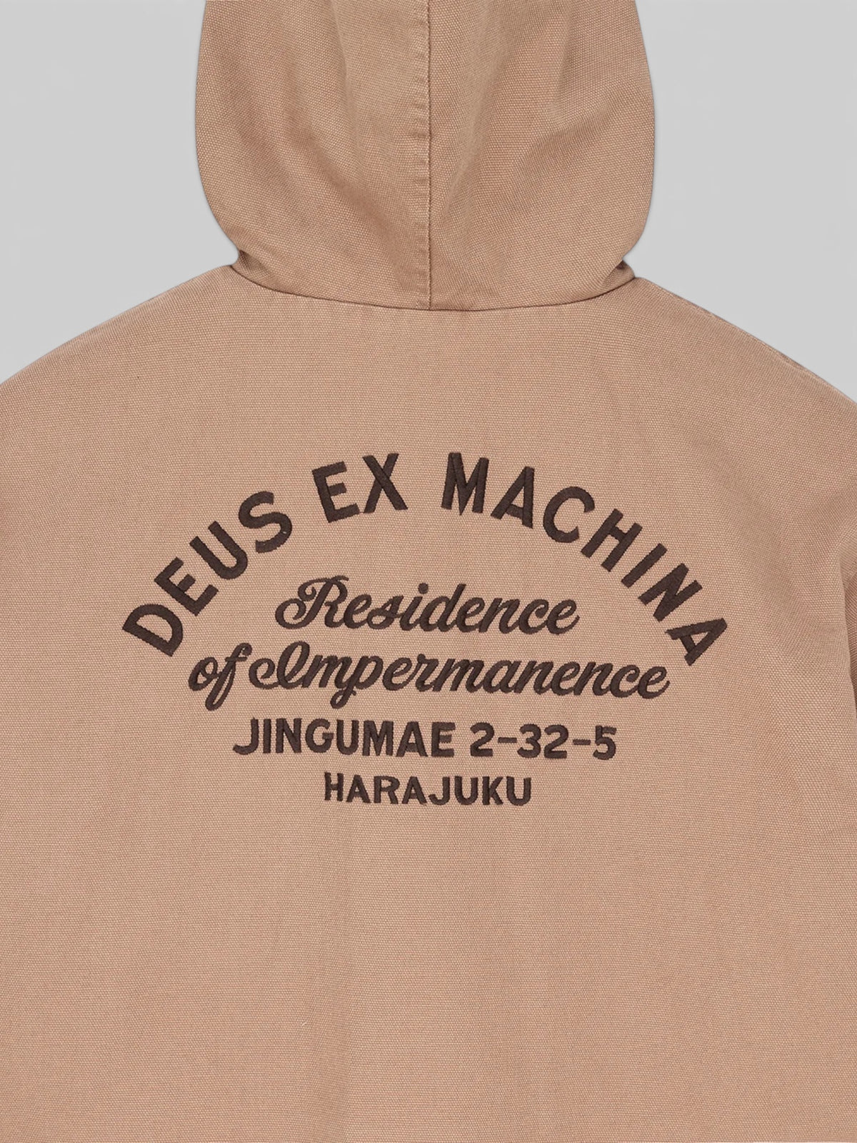 Baffle Haus Harajuku hooded jacket in camel brown cotton canvas with black embroidered back graphic detail