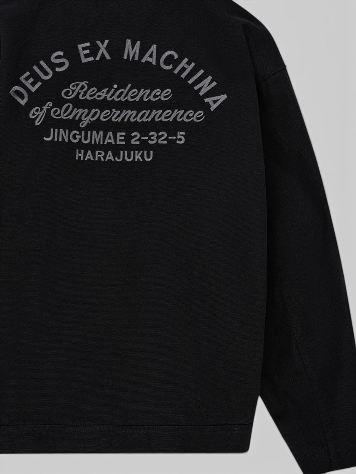 Baffle Haus Harajuku hooded jacket in black cotton canvas featuring embroidered back graphic detail