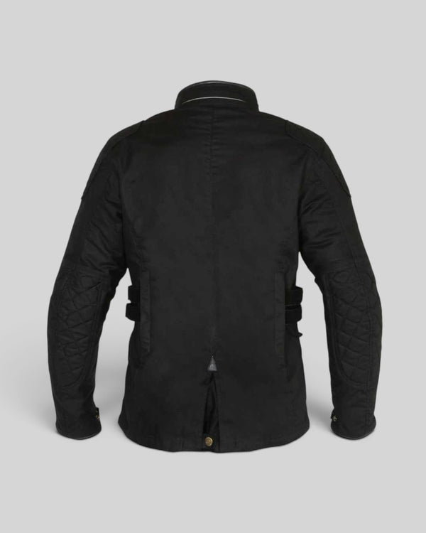 Baffle Haus Harriet II women's black waxed cotton motorcycle jacket, back view showing quilted elbow detailing.