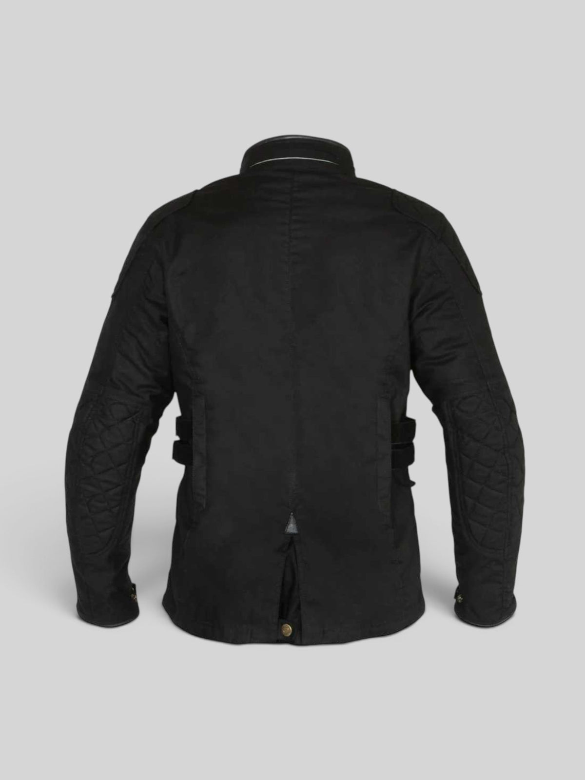 Baffle Haus Harriet II women's black waxed cotton motorcycle jacket, back view showing quilted elbow detailing.