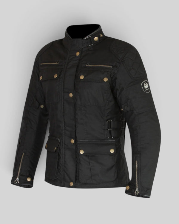 Baffle Haus Harriet II women's black technical waxed cotton motorcycle jacket with antique hardware and quilted detail.