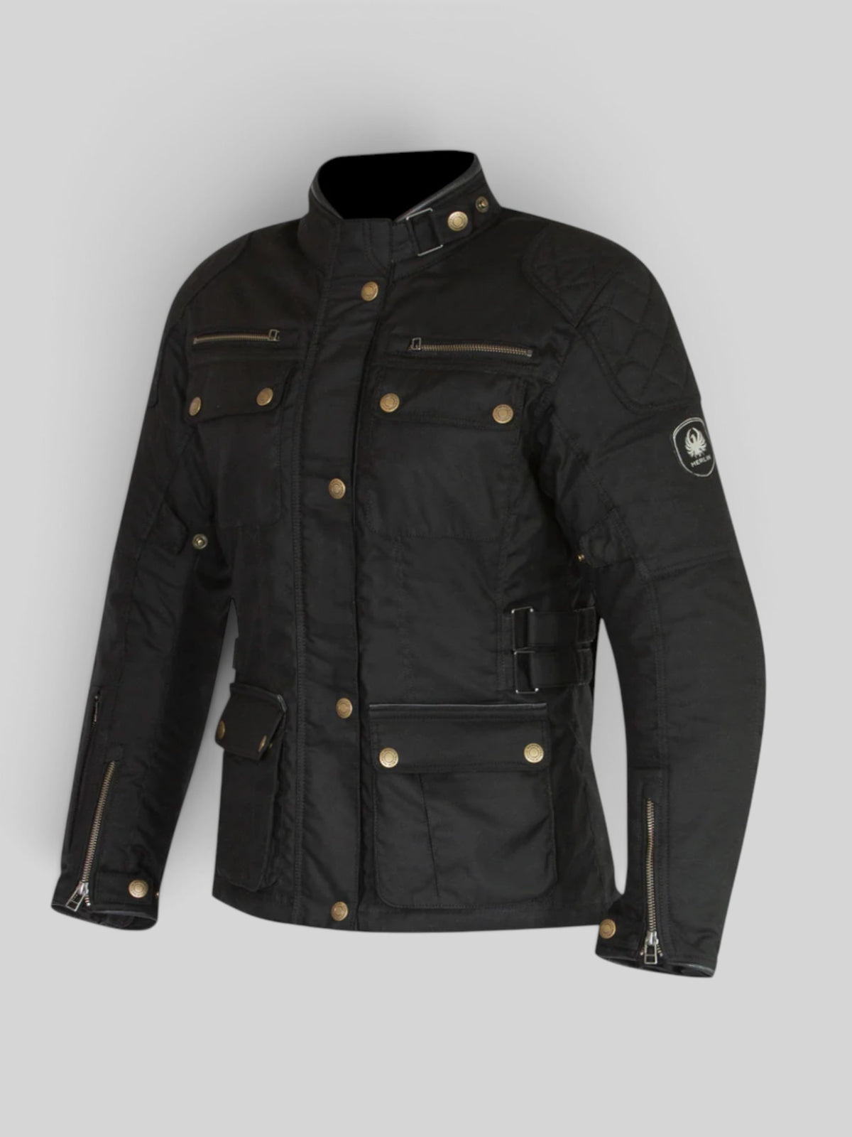 Baffle Haus Harriet II women's black technical waxed cotton motorcycle jacket with antique hardware and quilted detail.