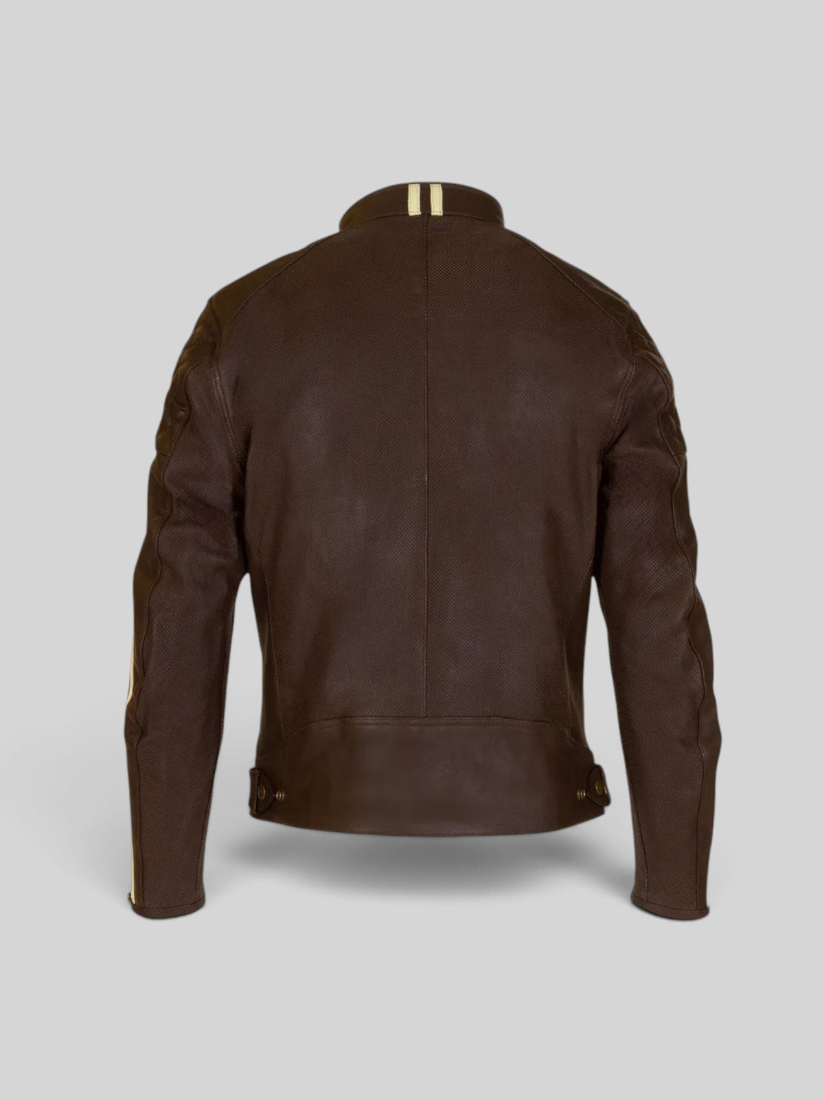 Back view of Baffle Haus Icon D30 brown perforated leather motorcycle jacket with cream racer stripes