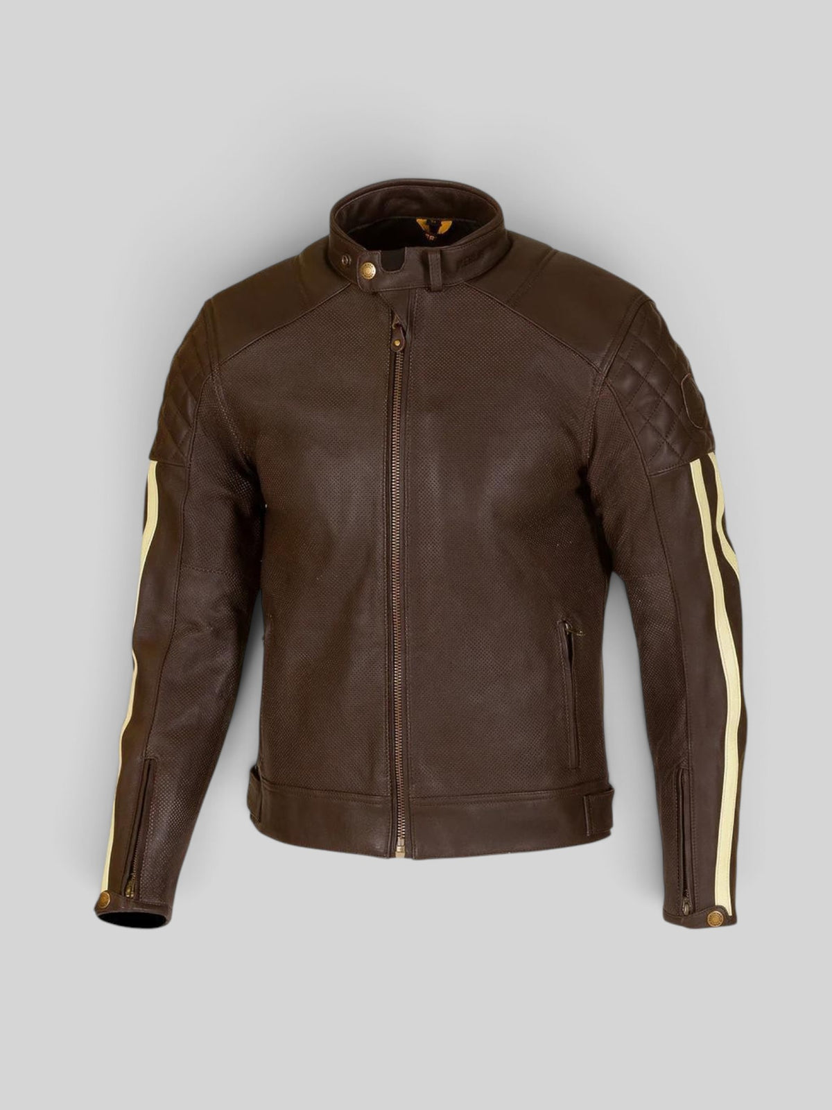 Baffle Haus Icon D30 leather motorcycle jacket in brown with cream racing stripes and diamond quilted shoulders.