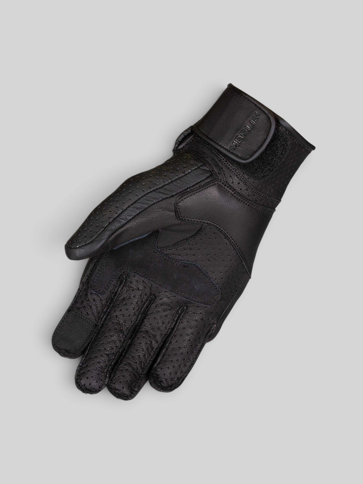 Baffle Haus Imperial black goat leather motorcycle glove with perforated details and articulated hinge design